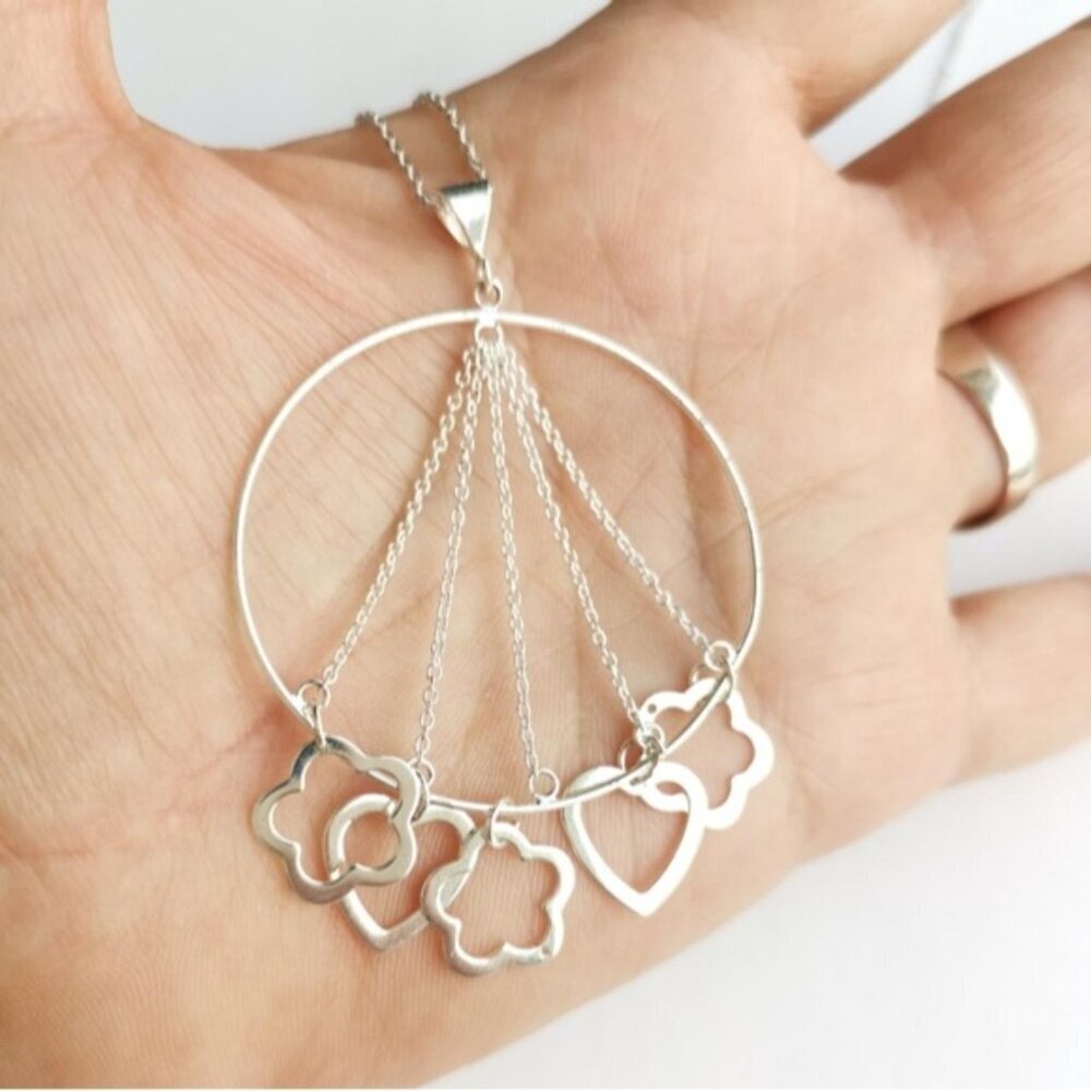 Sterling Silver Medallion Pendant with heart and flower charms - Picture 5 of 9